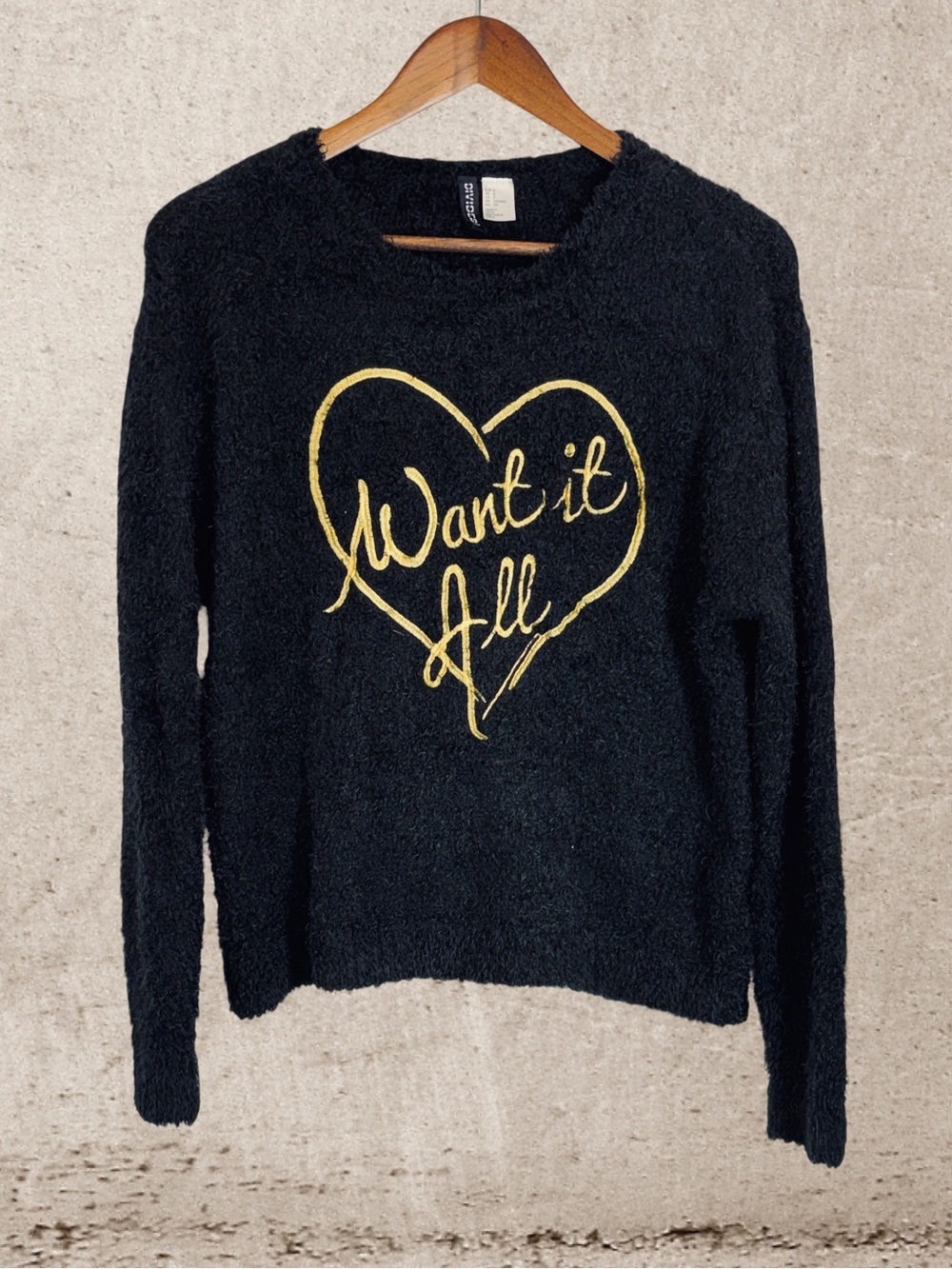 H&M Black Crewneck Sweater with Gold Heart Script